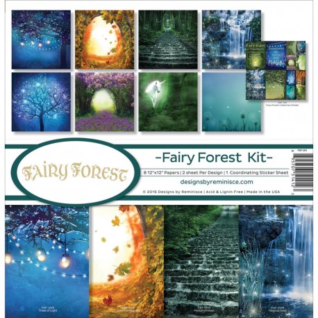 Набор бумаги Fairy Forest Fireflies & Unicorn 30х30 см, 8 л, + лист наклеек, двухсторонняя, Reminisce